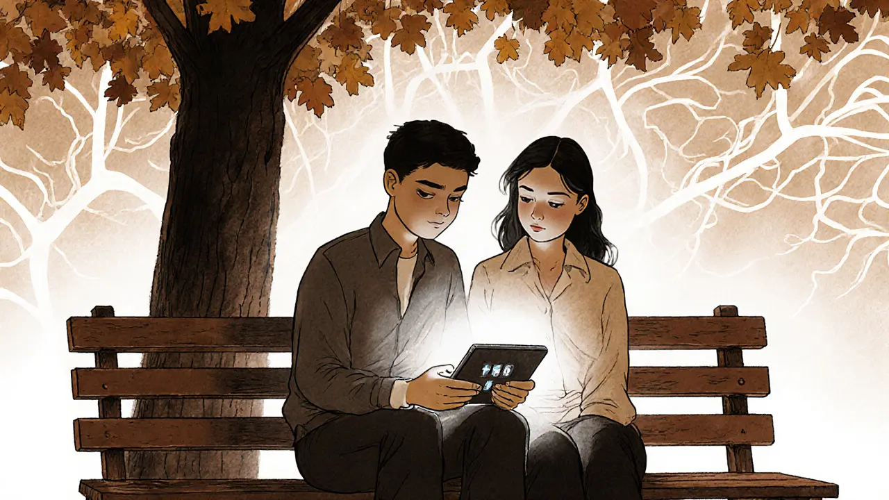 Teenager a terapeut sedí pod stromem, tablet ukazuje hru, zatímco jemné světlo pokrývá jejich hlavy.