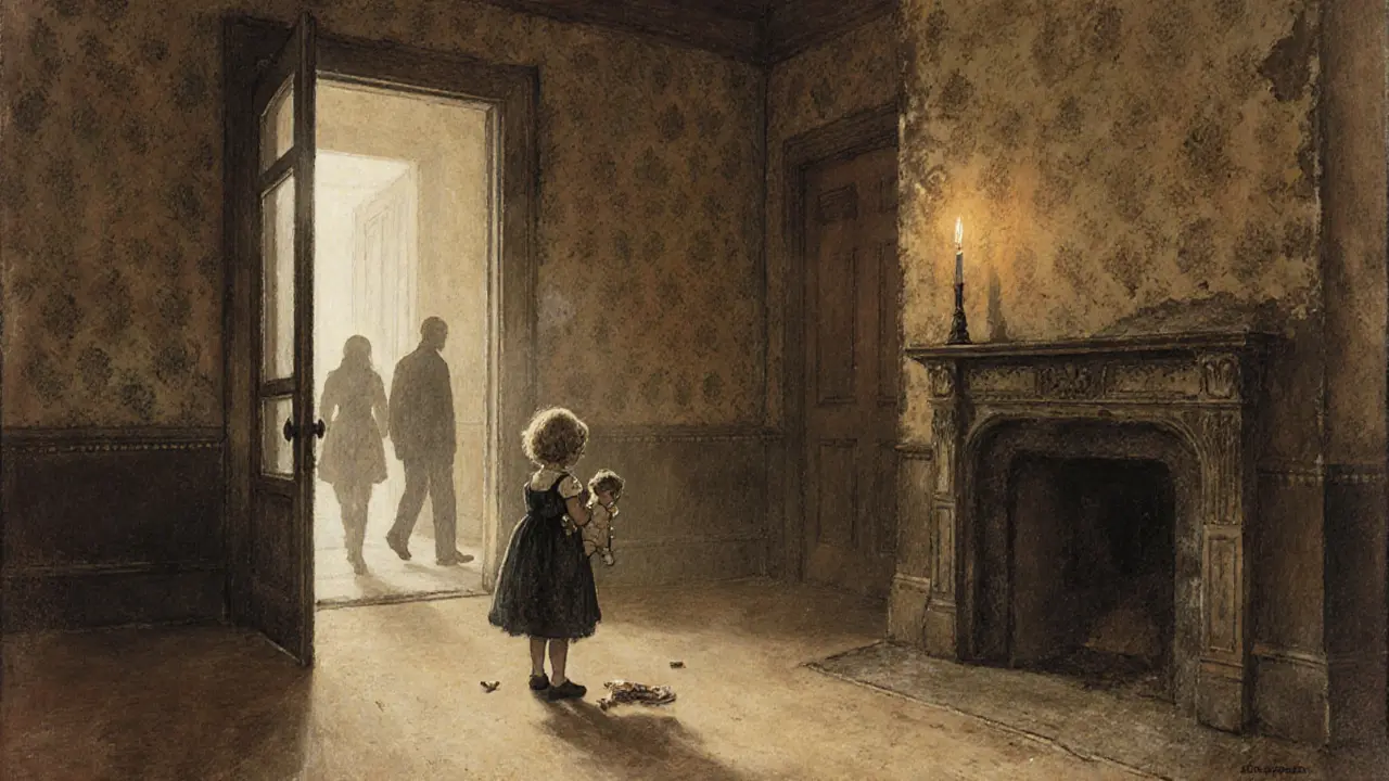 Dítě stojí samotné v prázdné místnosti, zatímco dospělí odcházejí bez ohledu na něj.