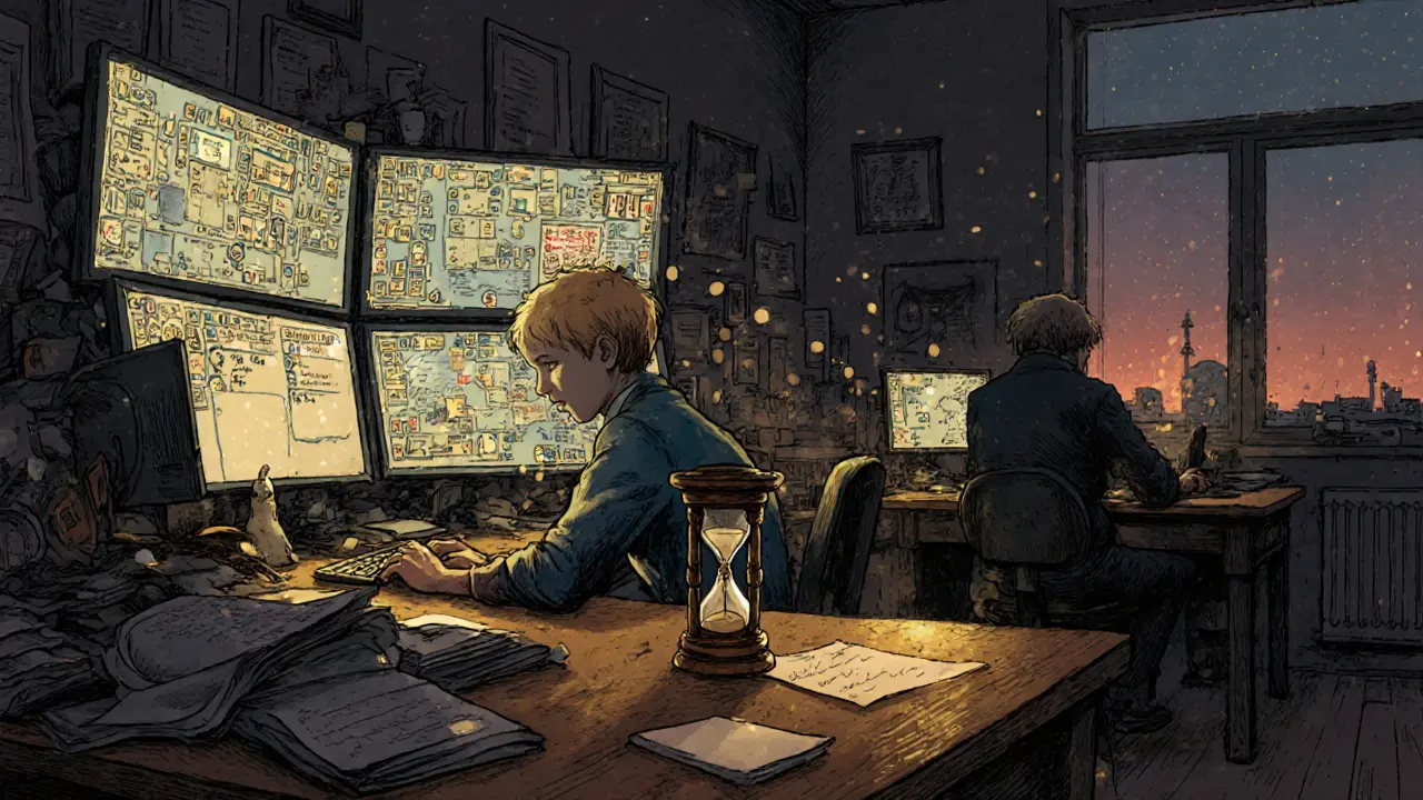 Dva lidé tiše pracují vedle sebe v kanceláři, symbolizující metodu body-doubling.