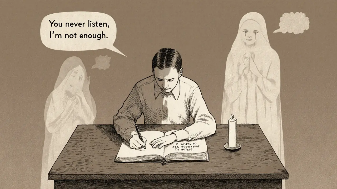 Jeden partner píše do deníku, kolem něj se vynořují průhledné stíny dřívějších konfliktů.