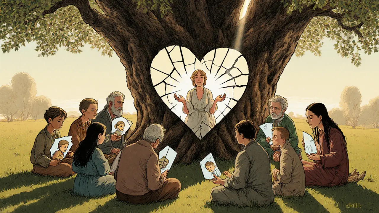 Lidé v kruhu drží zlomené zrcadla, jejich odrazy ukazují jejich vnitřní já.