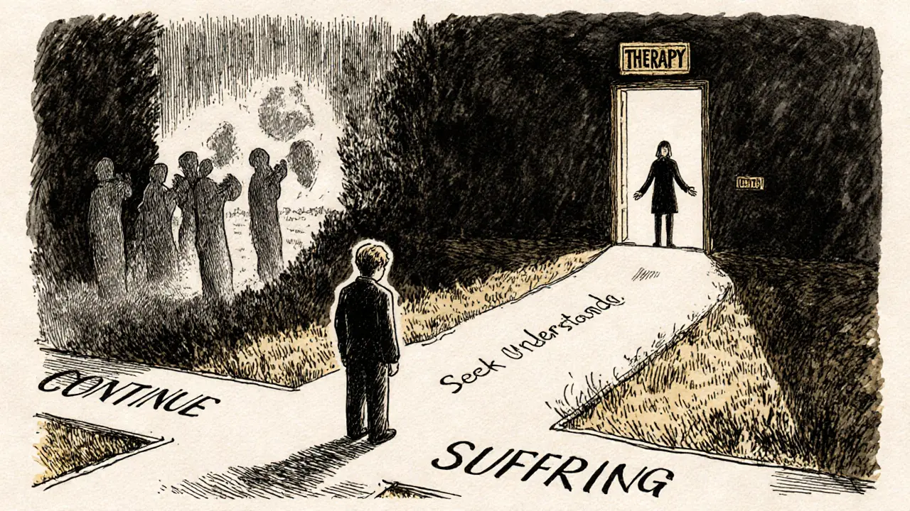 Osoba stojí na křižovatce mezi trápením a pochopením, cesta k terapii je osvětlena.