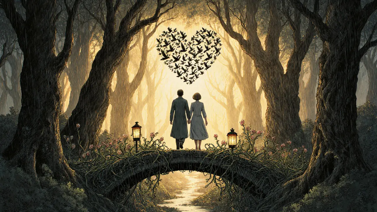 Pár překonává překážky v lese, kde se zničený most mění v kvetoucí cestu.