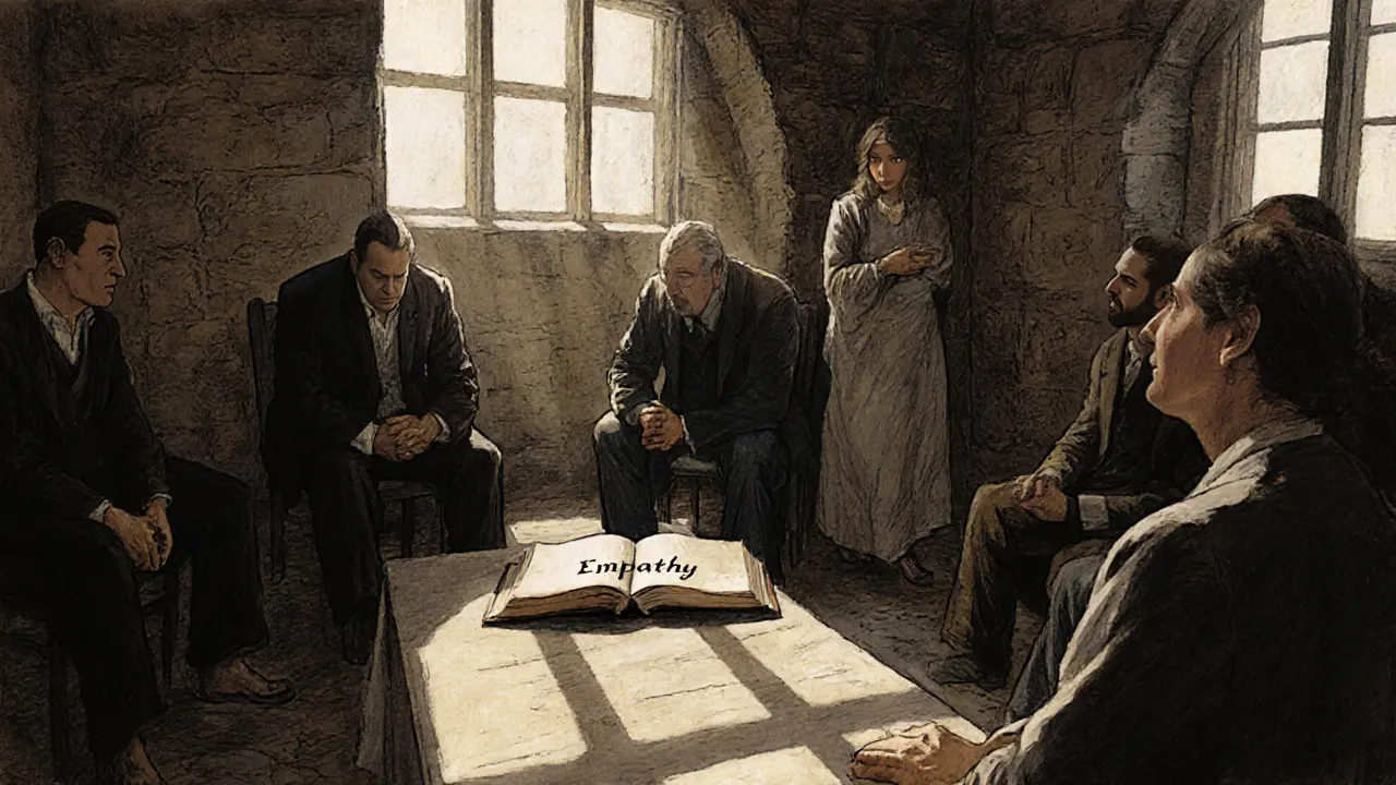 Skupinová terapie s postavami v kruhu, jeden muž odmítá pohled, zatímco jiní projevují tichou empatii.