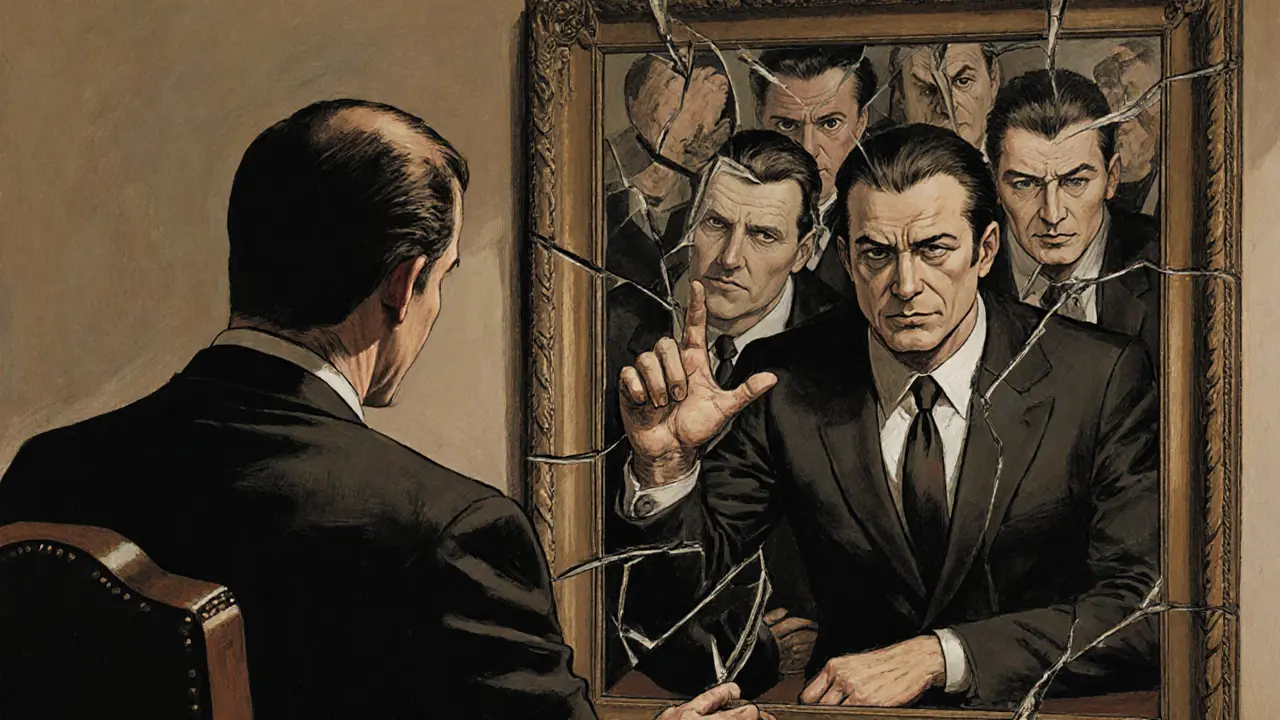 Terapeut a pacient v napětí, zrcadlo odrazuje jeho zkreslené obrazy, symbolizující rozdvojené já.