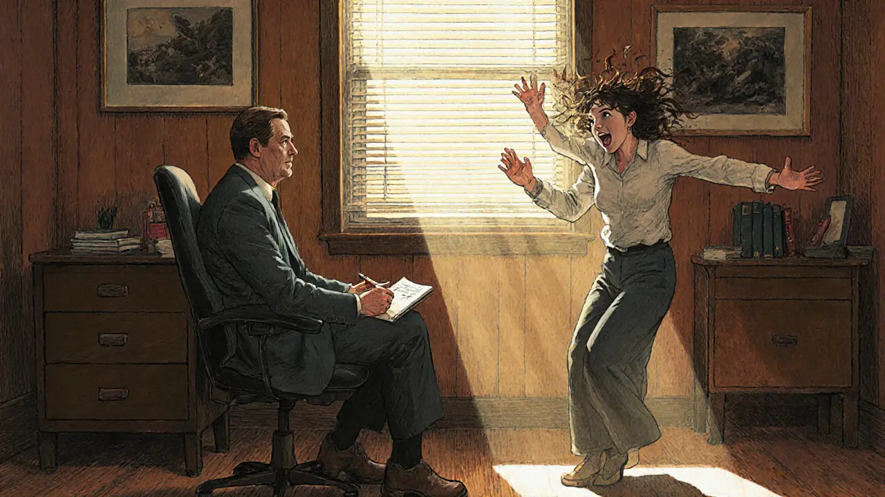 Terapeut klidně sedí, zatímco pacient vyjadřuje silné emoce, ale terapeut zůstává klidný.