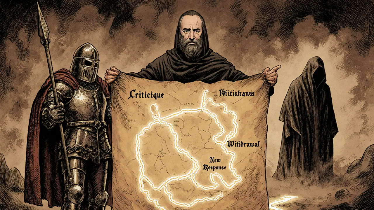 Terapeut ukazuje na mapu cyklu kritiky a úniku, kde dva partneři jsou symbolizováni jako postavy v boji.