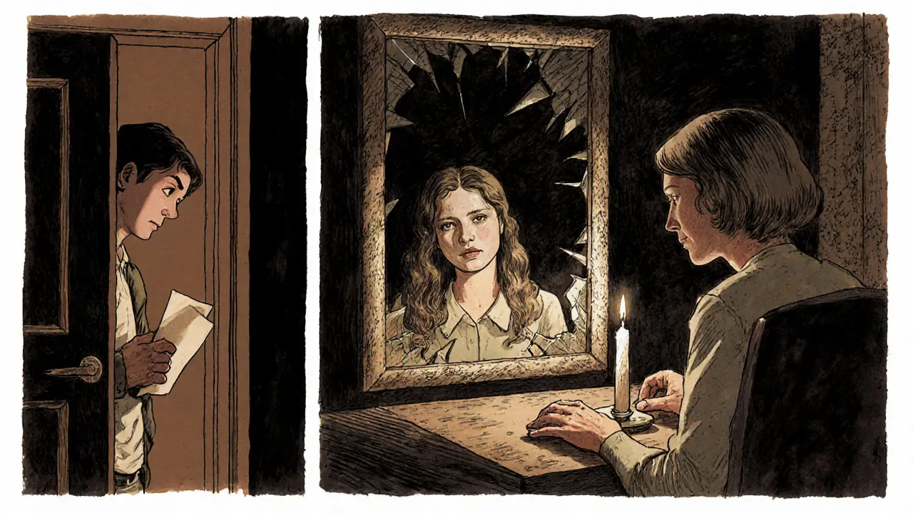 Tři scény ukazující bolest, izolaci a nádech naděje v terapeutickém prostředí.