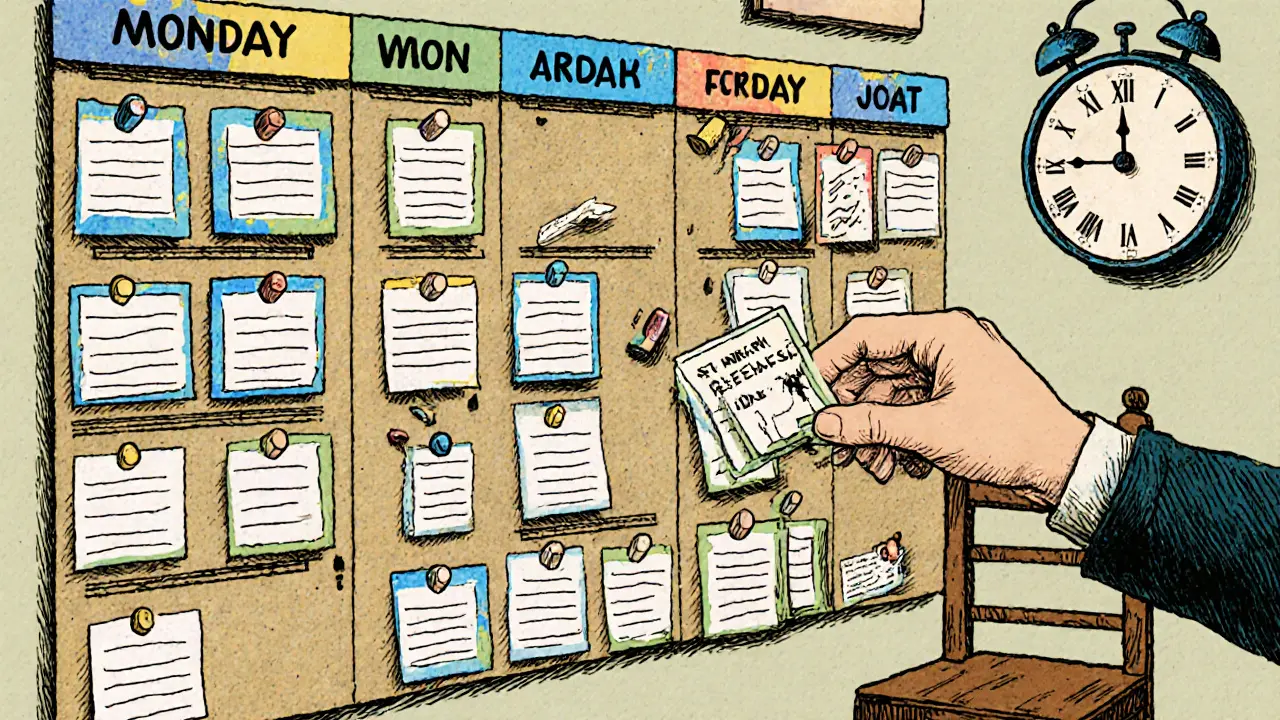 Vizuální plánovač na zdi s barevnými kartičkami a pohyblivými tokeny pro organizaci úkolů.