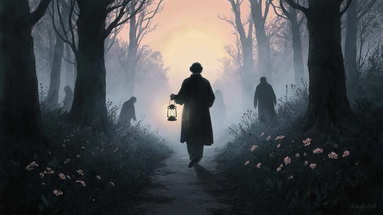 Člověk jde lesem v ranní mlze s lampou, za ním stíny, vpředu květiny.