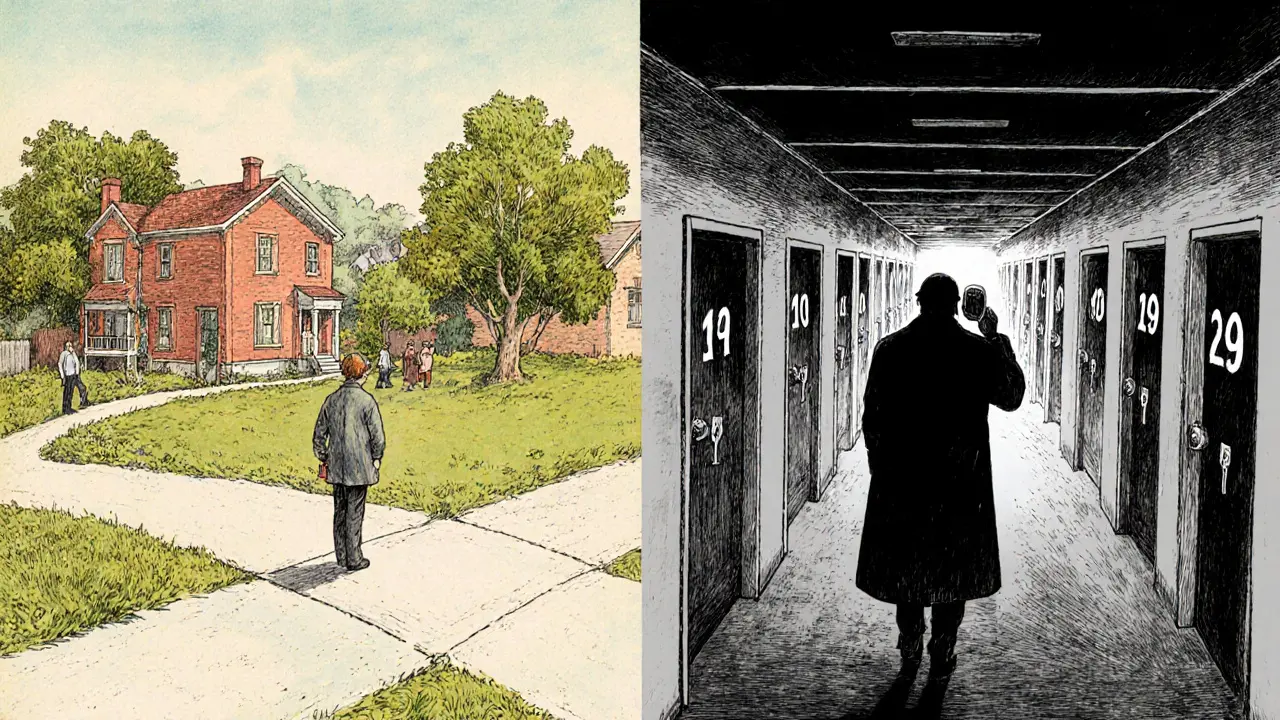 Člověk stojí na rozcestí: jedna cesta vede k rodině, druhá k nekonečné řadě terapeutických dveří.