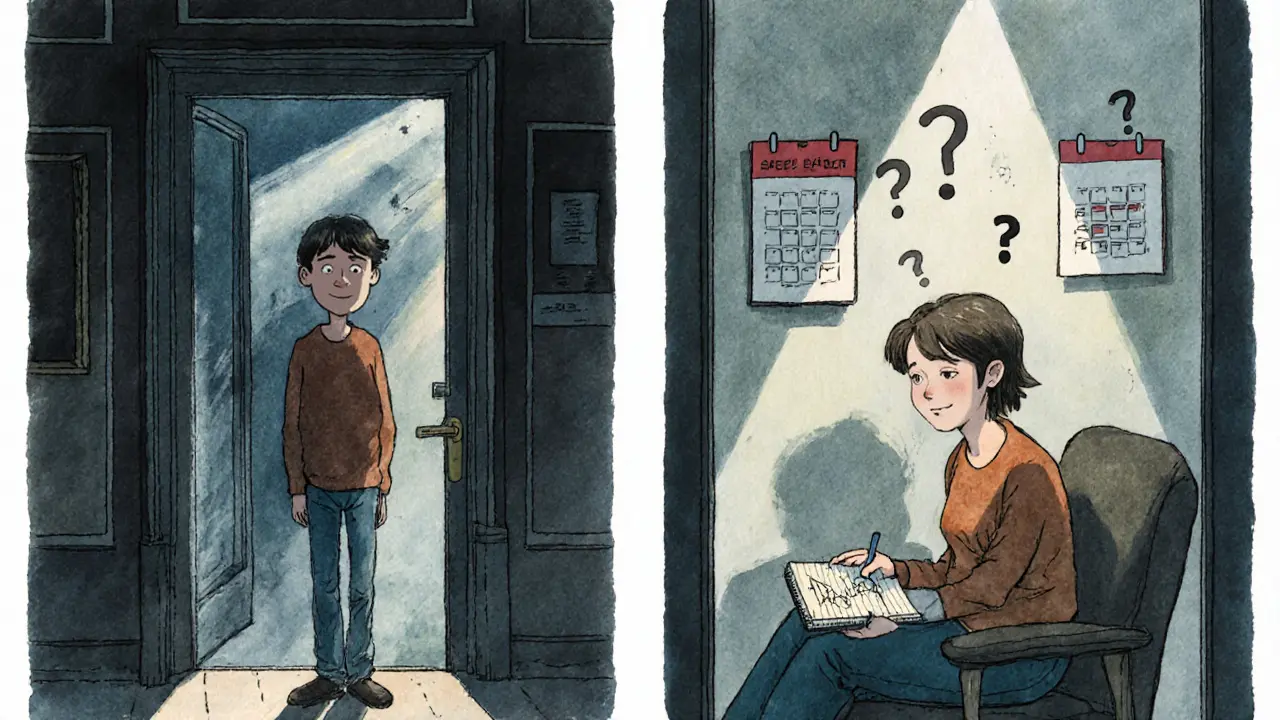 Člověk stojí před dveřmi terapie, jedna scéna ukazuje strach, druhá klid a přijetí.