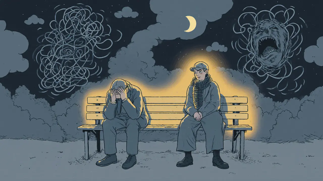 Muž na lavičce v noci, kdy ho poslouchá klidná osoba v obleku.