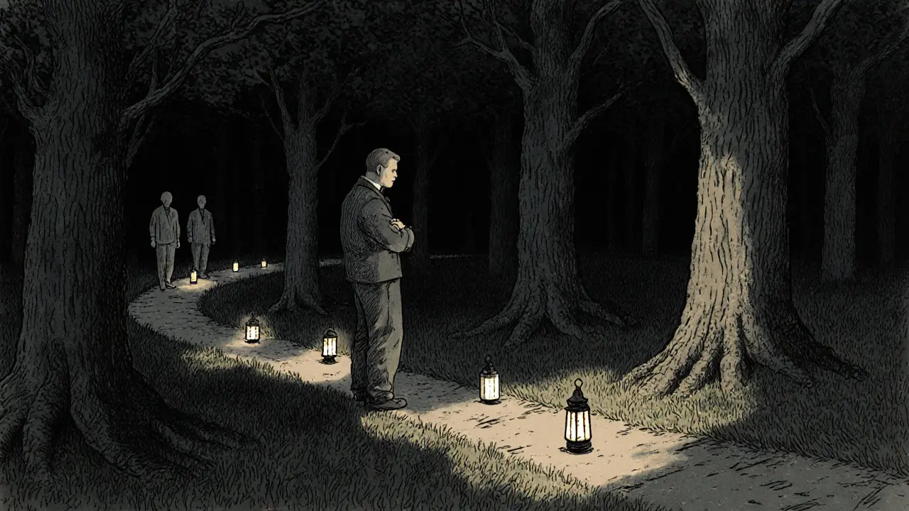 Muž stojí na kraji temného lesa, kde cesta k odvaze vede skrze malé kroky osvětlené lucernami