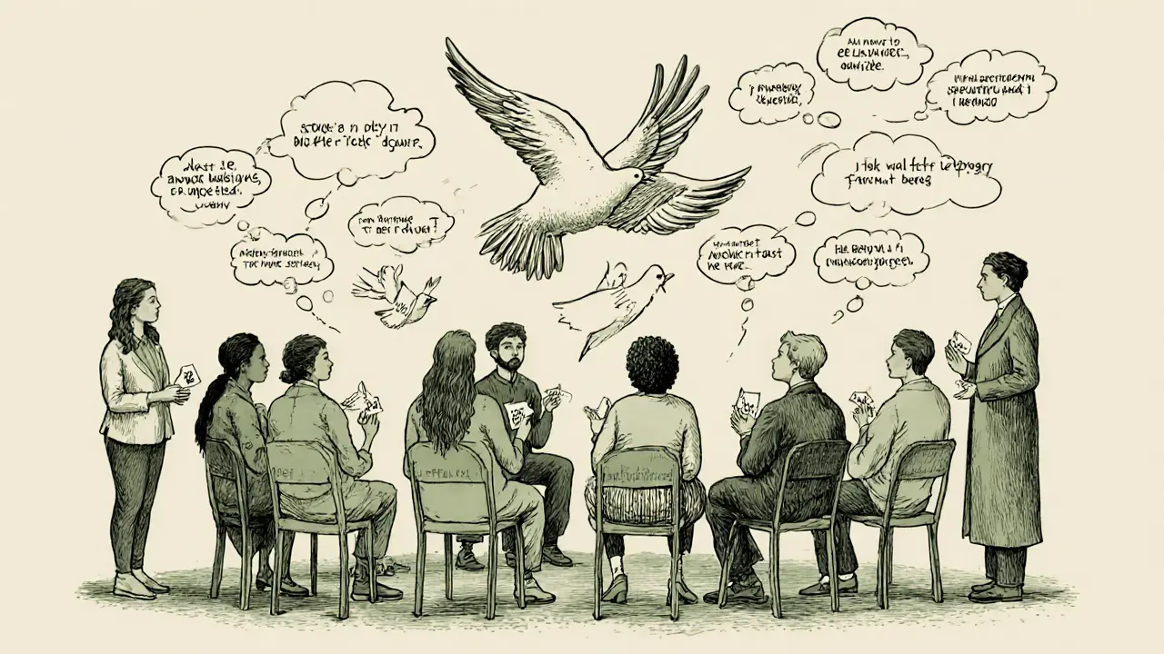 Skupina lidí uvolňuje papírové ptáky, které se mění v holuby s myšlenkovými bublinami pozitivních změn