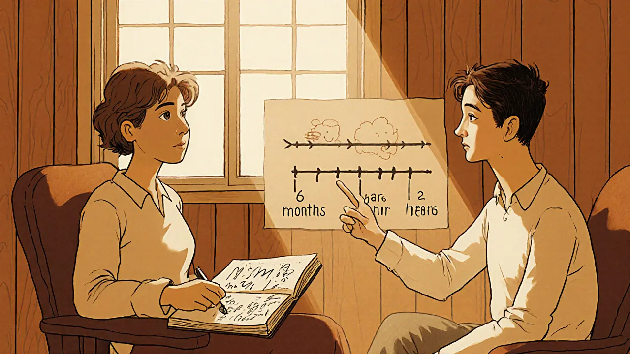Terapeut a pacient sedí v místnosti, kde na zdi je časová osa léčby PTSD.