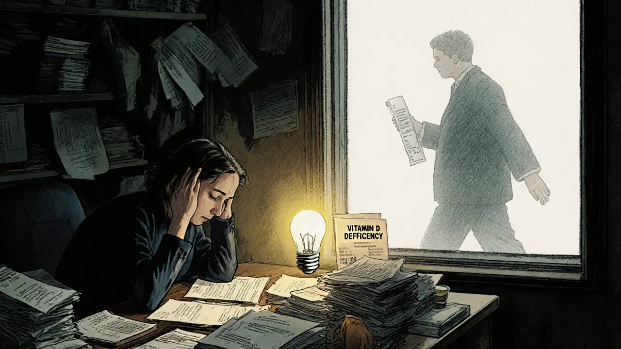 Terapeut unaveně sedí u stolu, kolem něj lékařské výsledky, zatímco pacient odchází s účtem za terapii.