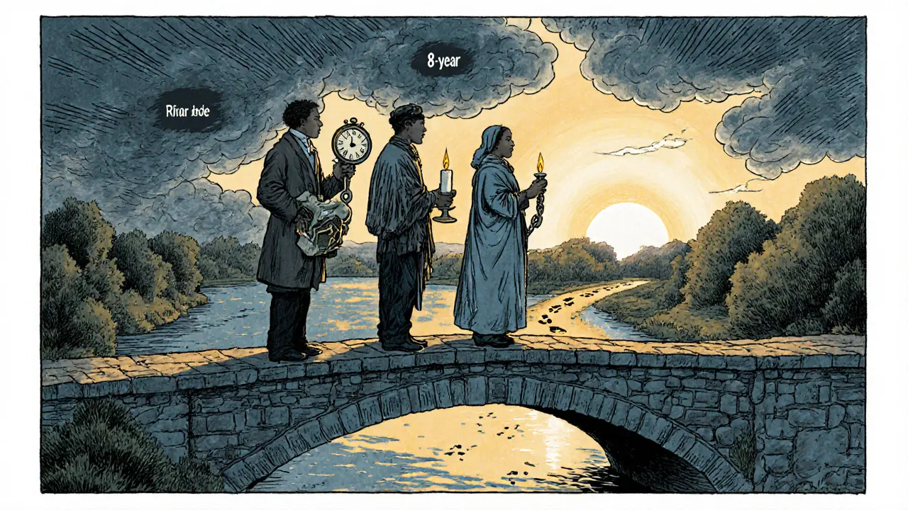 Tři lidé stojí na mostě, drží symboly času, řetězu a svíčky, za nimi se vyčišťuje obloha.