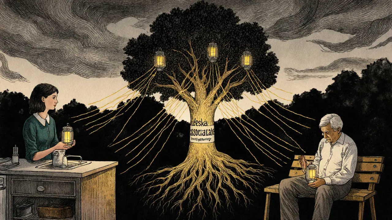 Tři lidé v různých prostředích jsou spojeni zlatými vlákny k symbolickému stromu terapie.