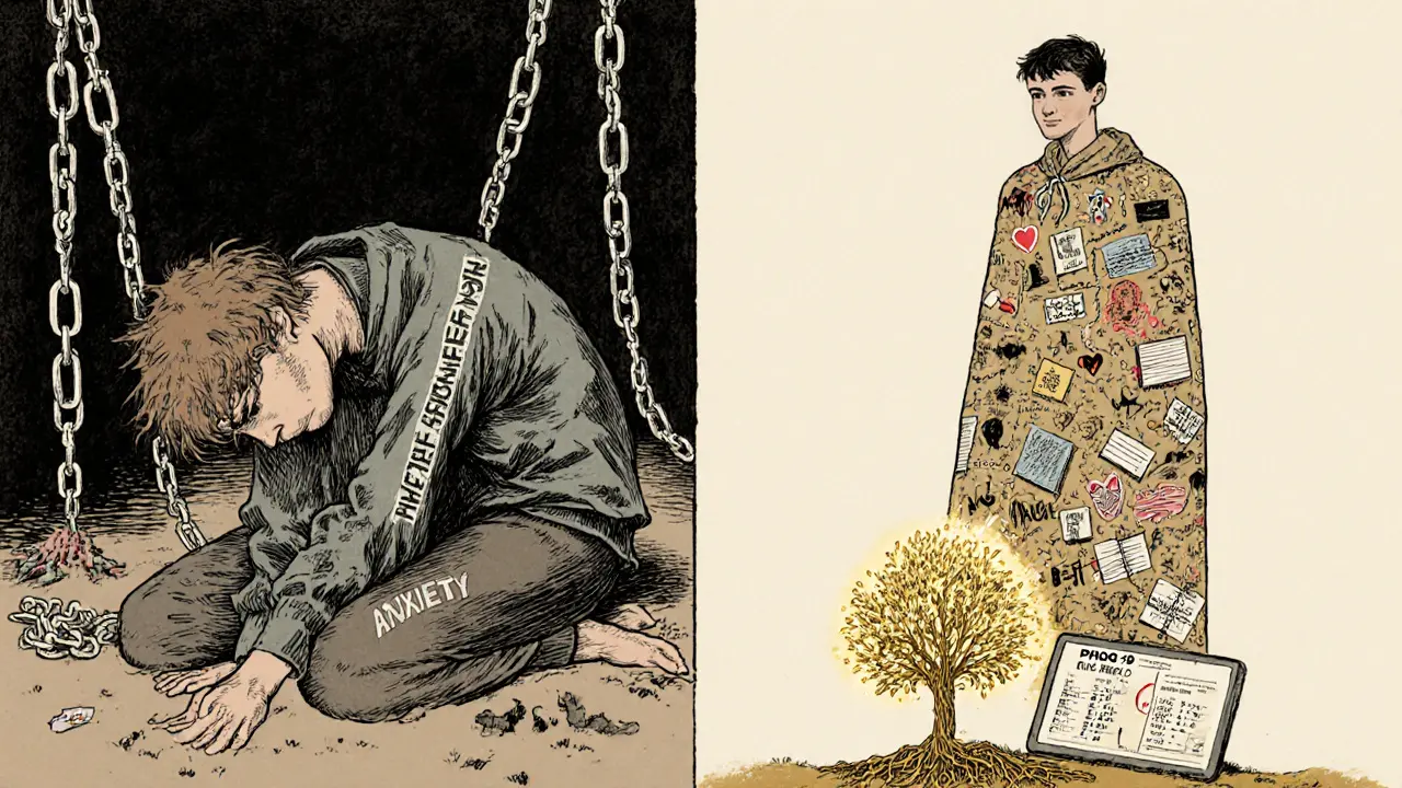 Dvě scény: vlevo člověk pod tíhou úzkosti, vpravo stejný člověk, jehož plášť je složen z každodenních cvičení, zatímco strom roste z jeho nohou.