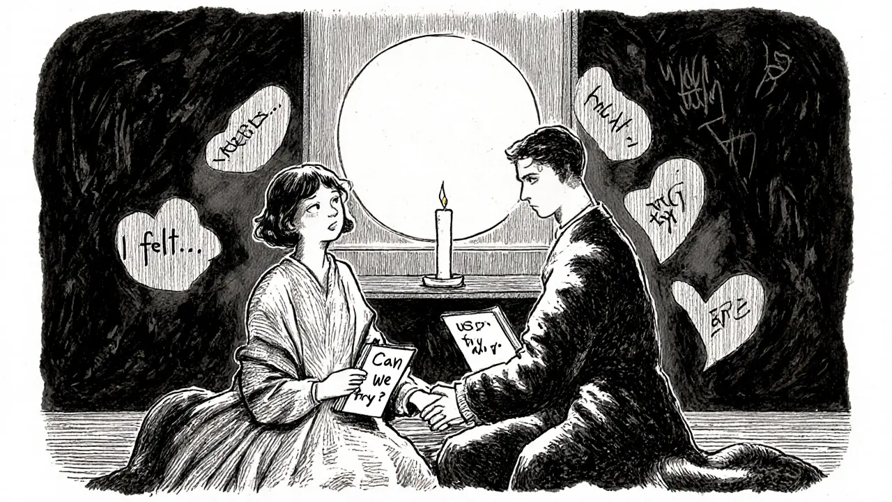 Dvojice drží ruce v klidu doma, drží poznámky o citích, svíčka mezi nimi.