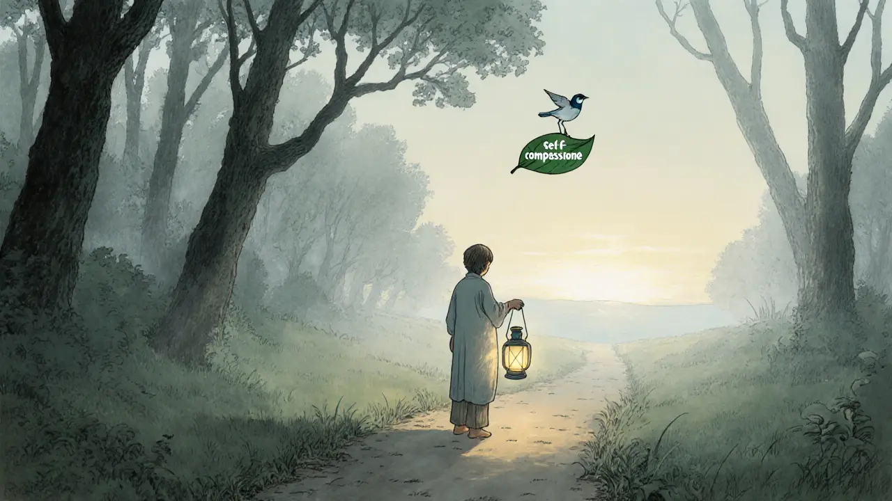 Osoba stojí na cestě lesa s lucernou, zatímco minulost zaniká, symbolizující cestu k vlastnímu vyléčení.