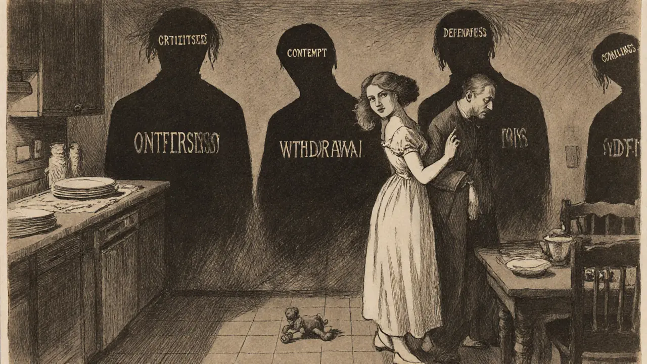 Pár se hádá v kuchyni, zatímco čtyři stínové postavy představují škodlivé vzory.