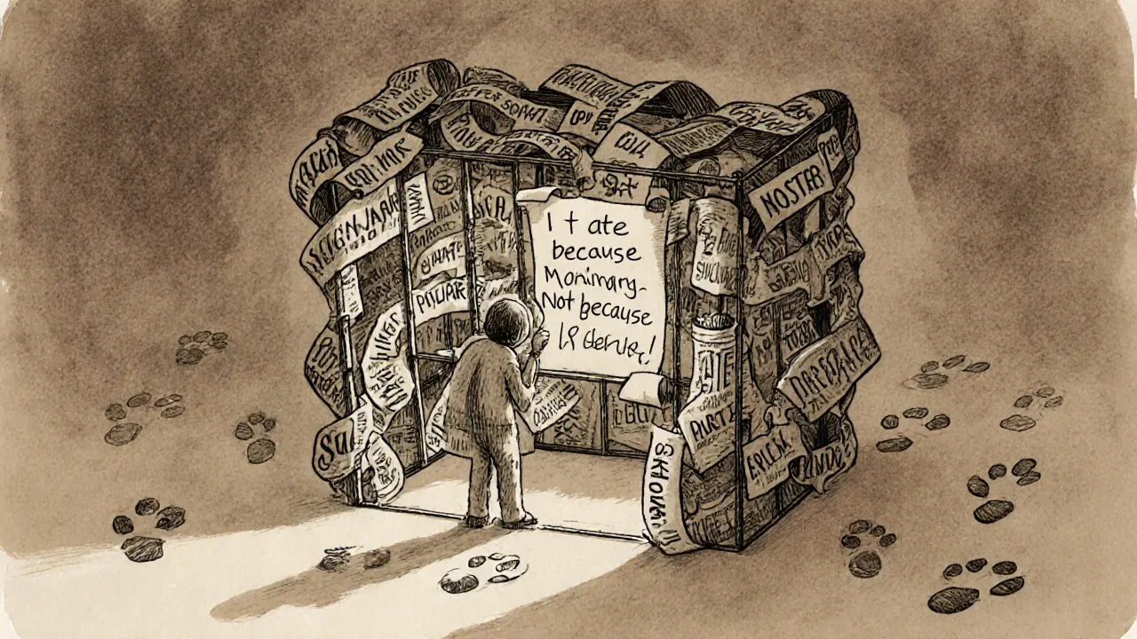 Postava láme klec z negativních myšlenek o jídle, zatímco zapisuje vyváženou myšlenku na pergamen.