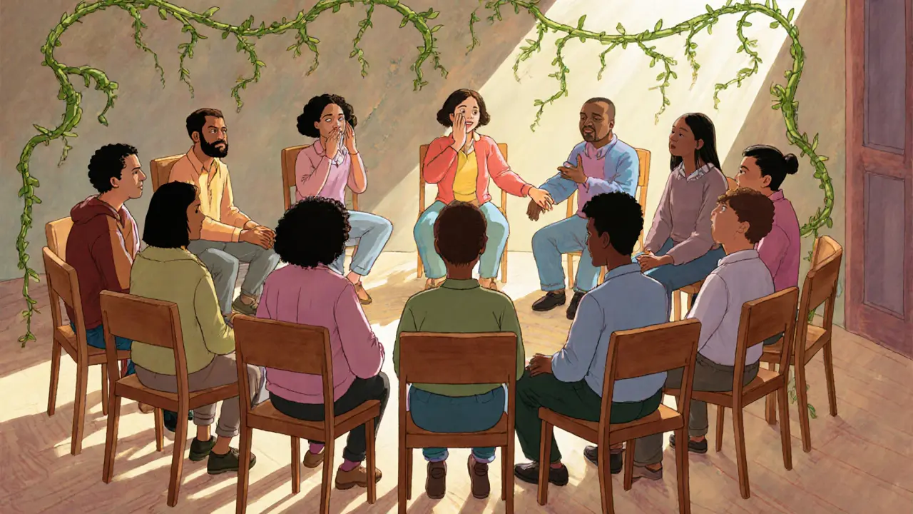 Skupina lidí v kruhu v komunitní místnosti, kteří se navzájem podporují během skupinové terapie.