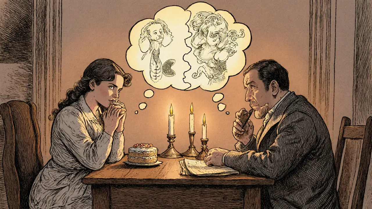 Terapeut a pacient sedí u stolu, nad pacientem se rozdvojuje myšlenka mezi destrukcí a přijetím jídla.