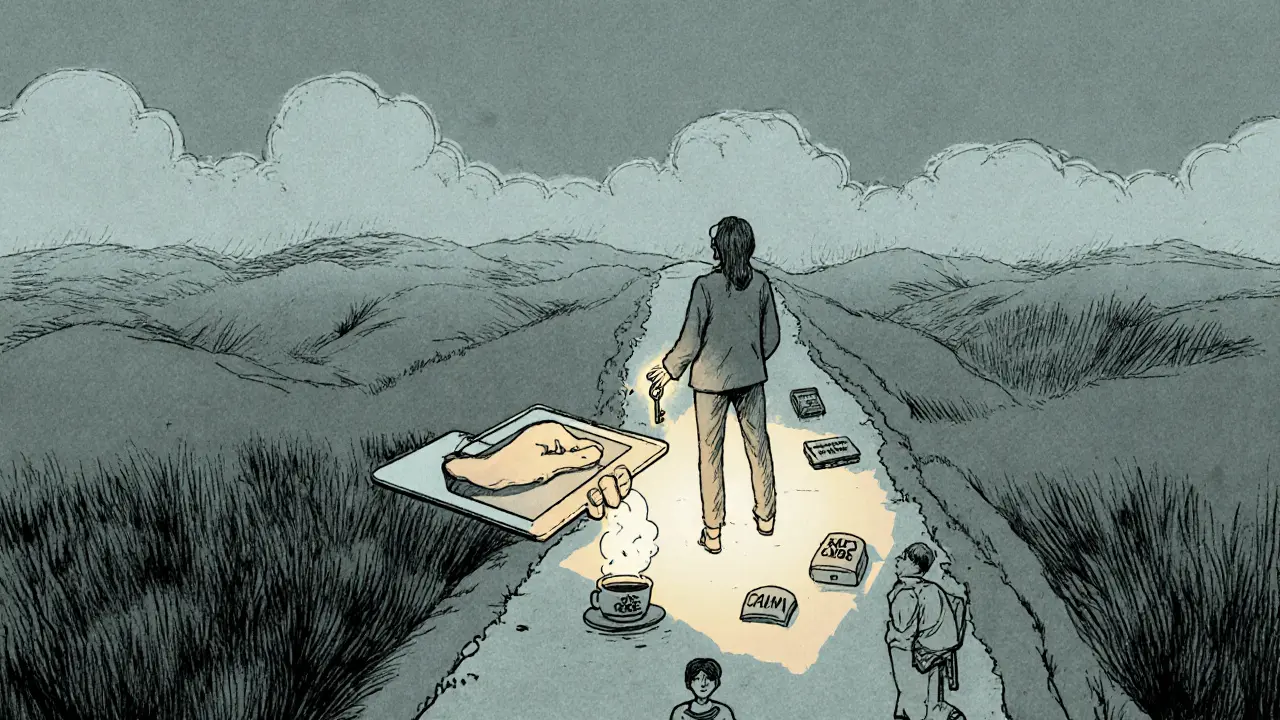 Terapeut z tabletu podává klíč člověku, který stojí na cestě pokryté malými každodenními rituály — káva, autobus, postel — symbolizující spojení terapie s běžným životem.