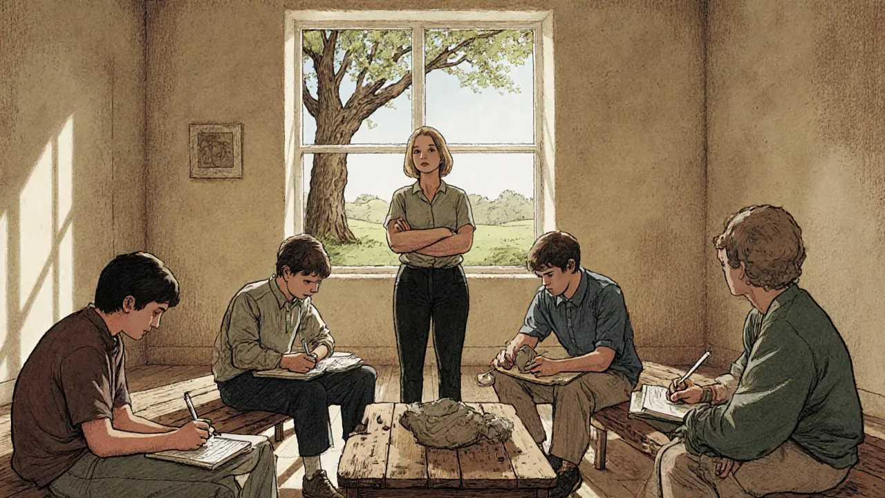 Group of adolescents quietly creating art together in a sunlit therapy room.