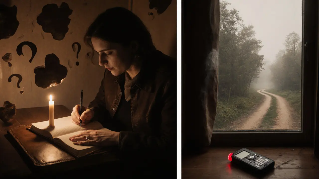Klient píše do deníku při svíčce, zatímco nahrávač leží zahozený na zemi, symbolizující vnitřní cestu místo techniky.