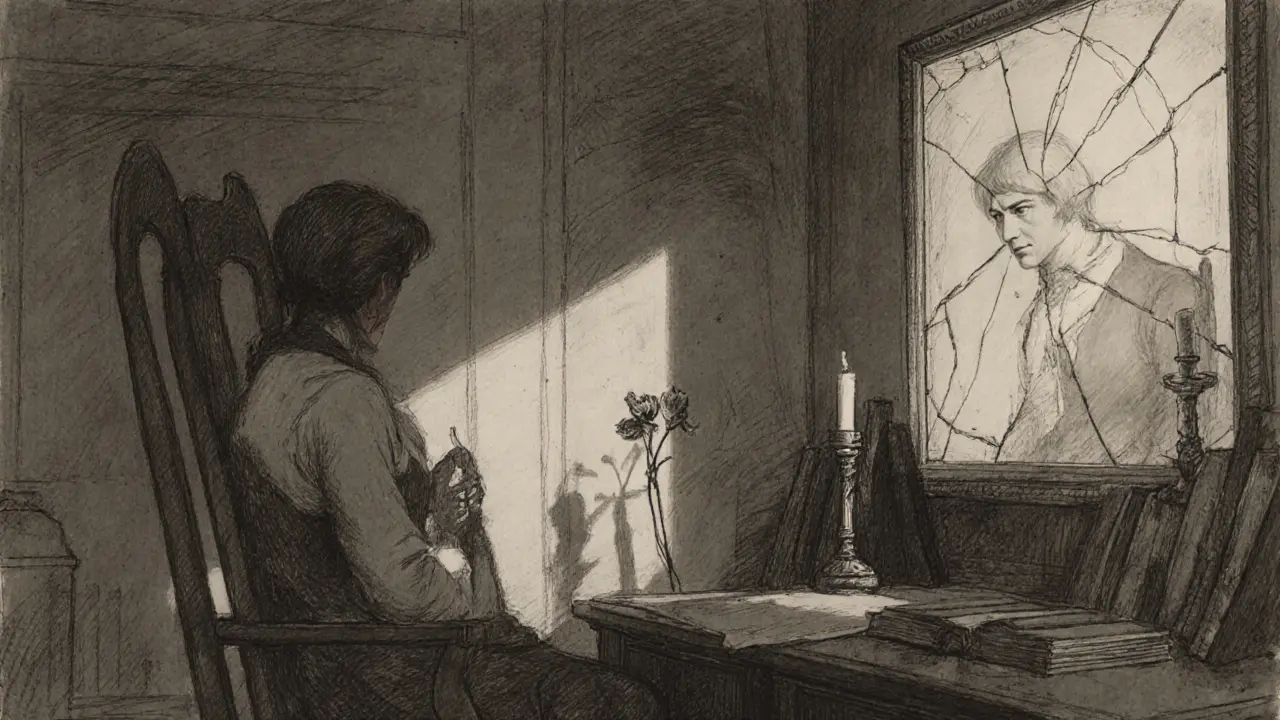 Klient sedí v kanceláři terapeuty, v zrcadle se objevuje stín bývalého partnera – emocionální izolace.