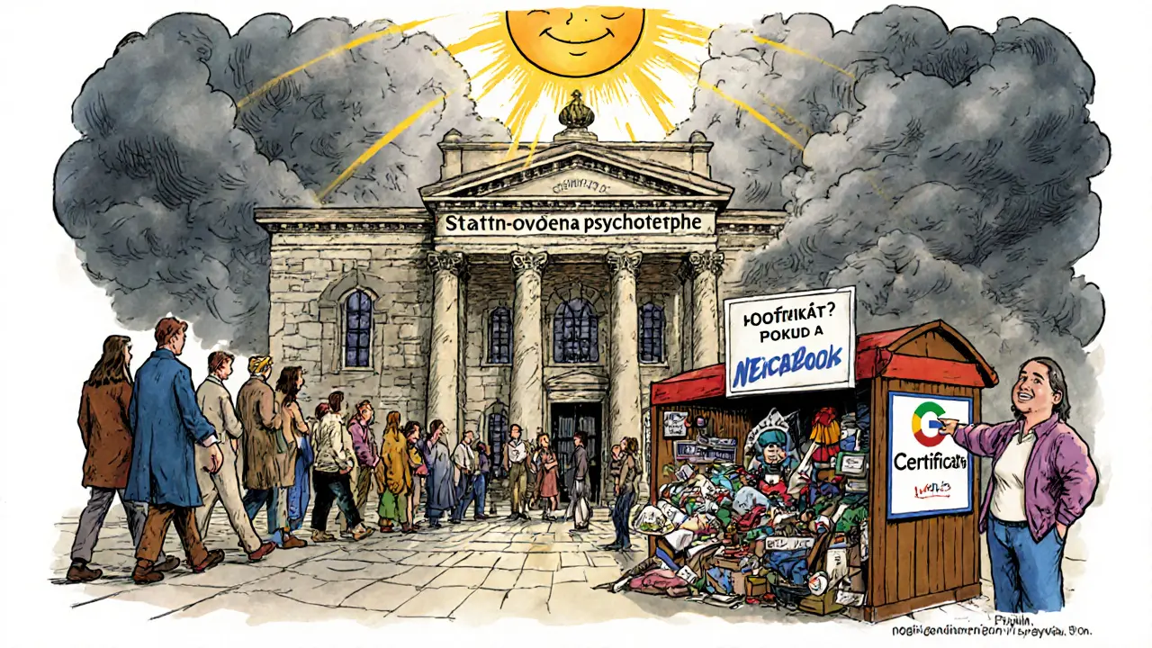 Klienti jdou k ověřenému terapeutovi, zatímco jiní stojí u neověřených nabídek s nápisem 'Certifikát? Pokud neukážeš, jdi dál'.