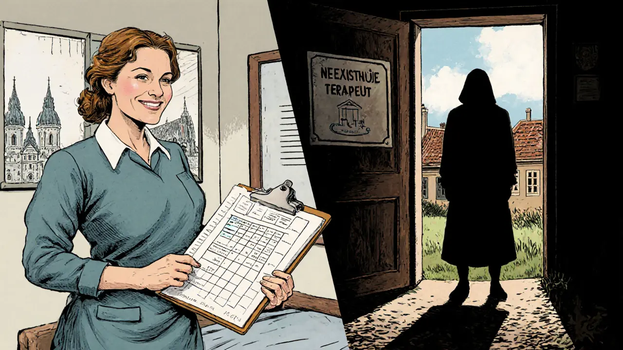 Kontrast mezi kvalifikovaným terapeutem v Praze a izolovaným pacientem v obci bez přístupu.