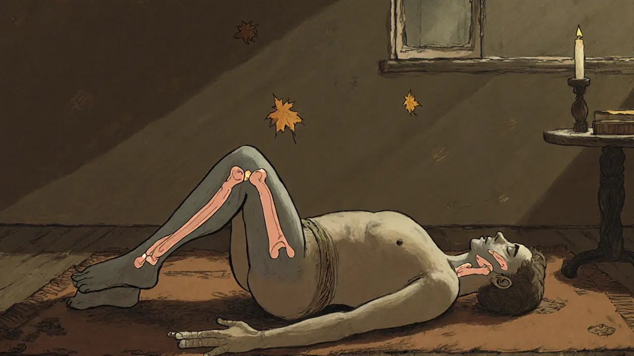 Osoba leží na podlaze, tělo se uvolňuje pod vlivem gravitace, viditelné jsou jemné vrstvy tkání a kloubů.