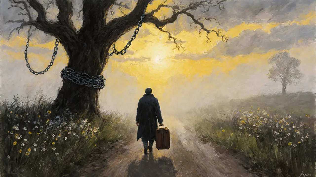 Osoba odchází po roce v záři ranního slunce, za ní zaniká zakované strom s řetězy – obnova a svoboda.