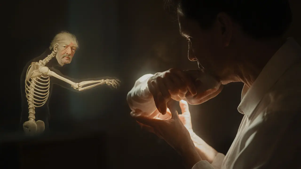 Pacient pomalu zvedá ruku po léčbě, symbolizující změnu a výsledek terapie.