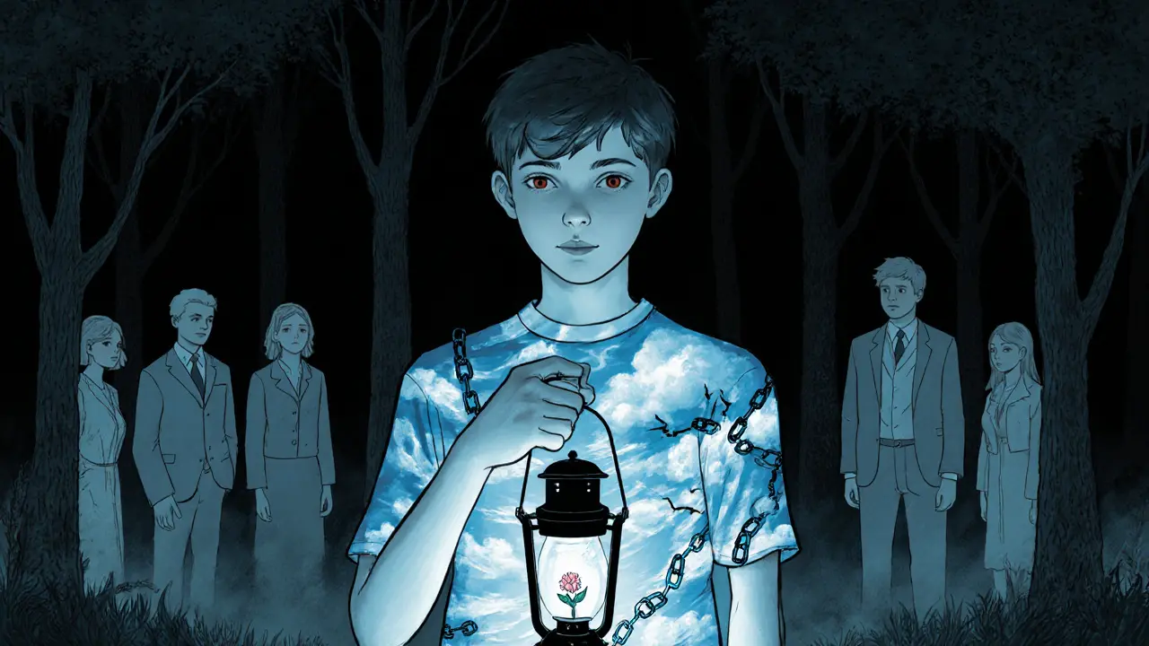 Teen standing at edge of dark forest with lantern, inner emotions visible as glowing symbols.