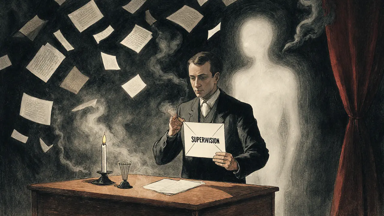 Terapeut drží anonymizovaný záznam, zatímco v okolí plavou průhledné stíny emocí a šepotů.