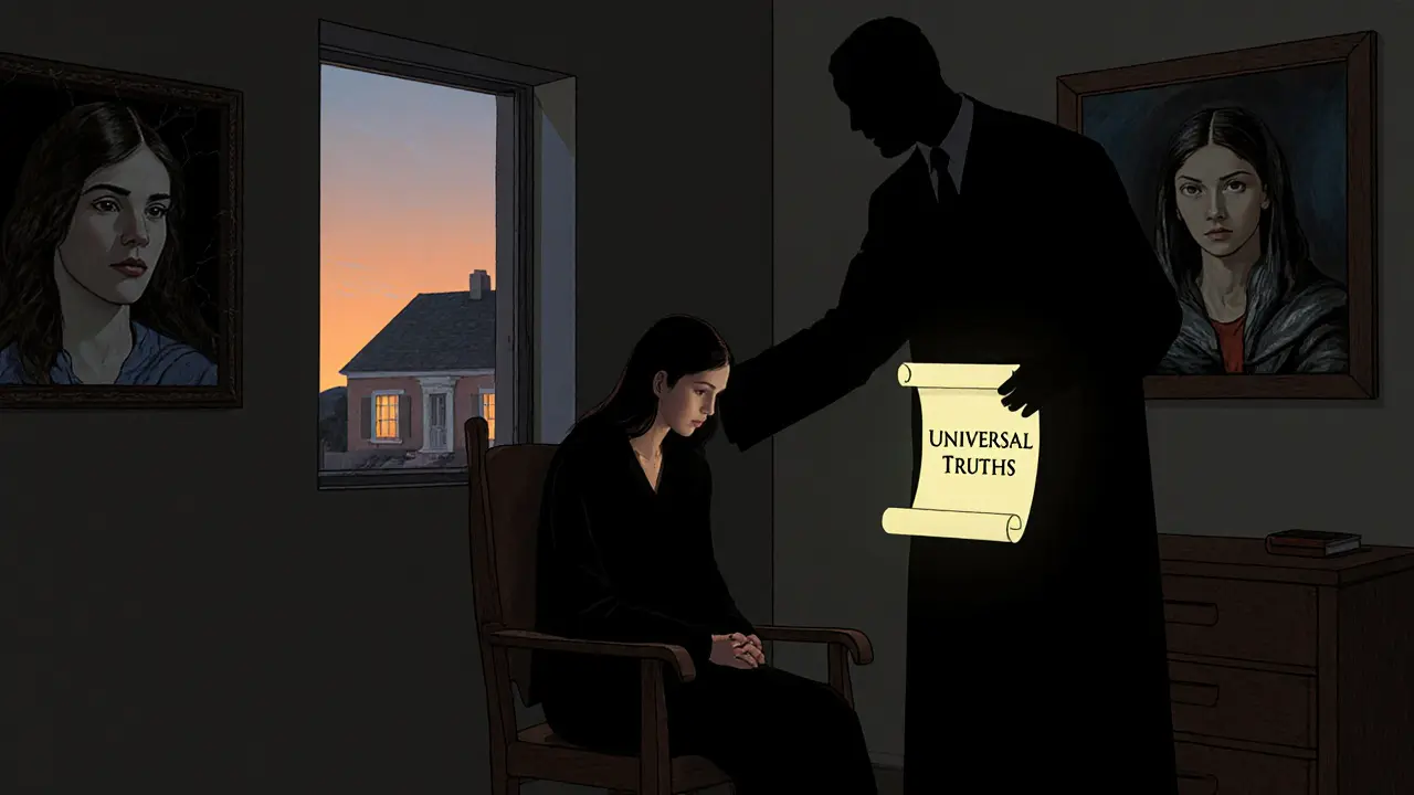 Terapeut stojí za klientkou v terapeutické místnosti, jeho stín ji ovládá, zatímco z okna svítí bezpečné místo.