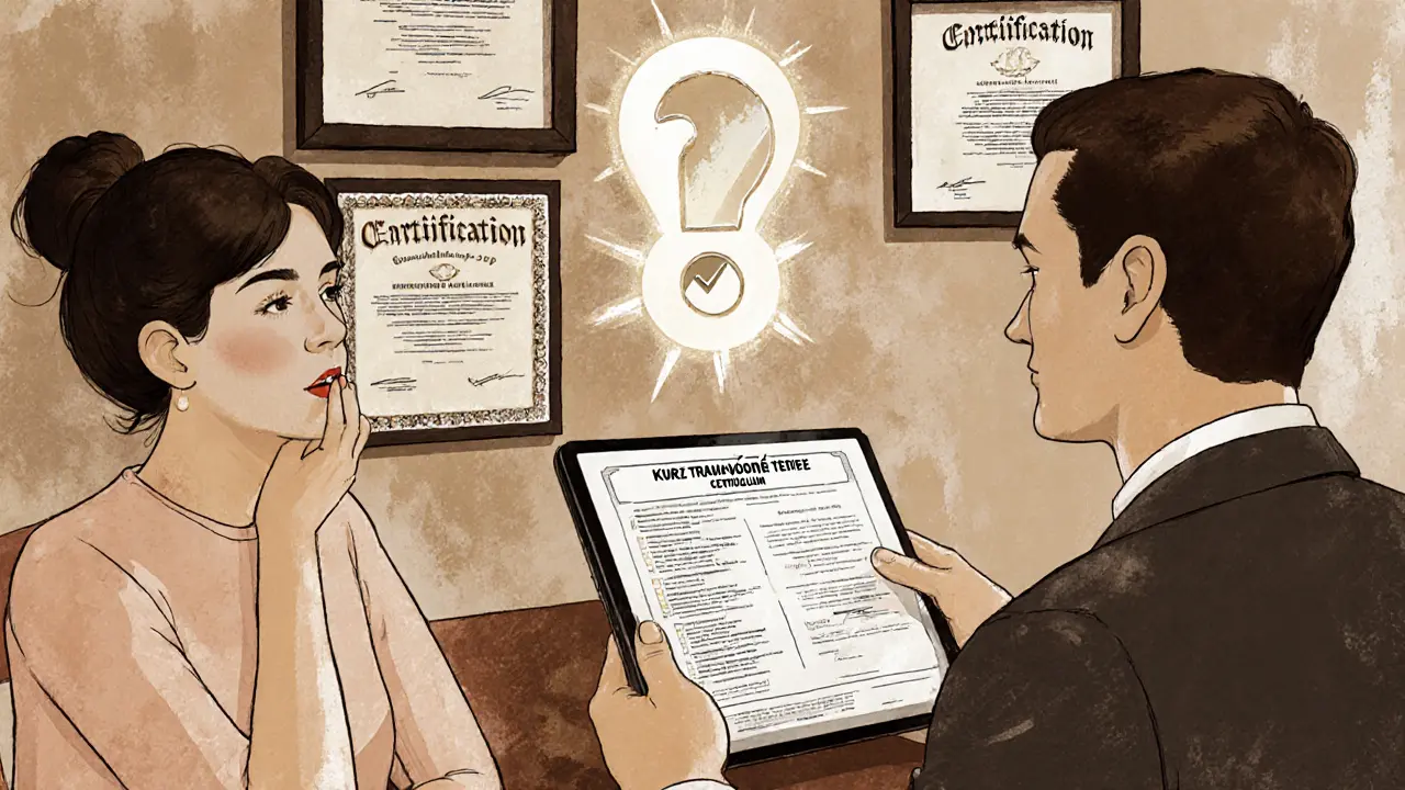 Terapeut ukazuje klientovi certifikáty a kurzy na tabletu, v pozadí jsou vidět potvrzení o specializaci.