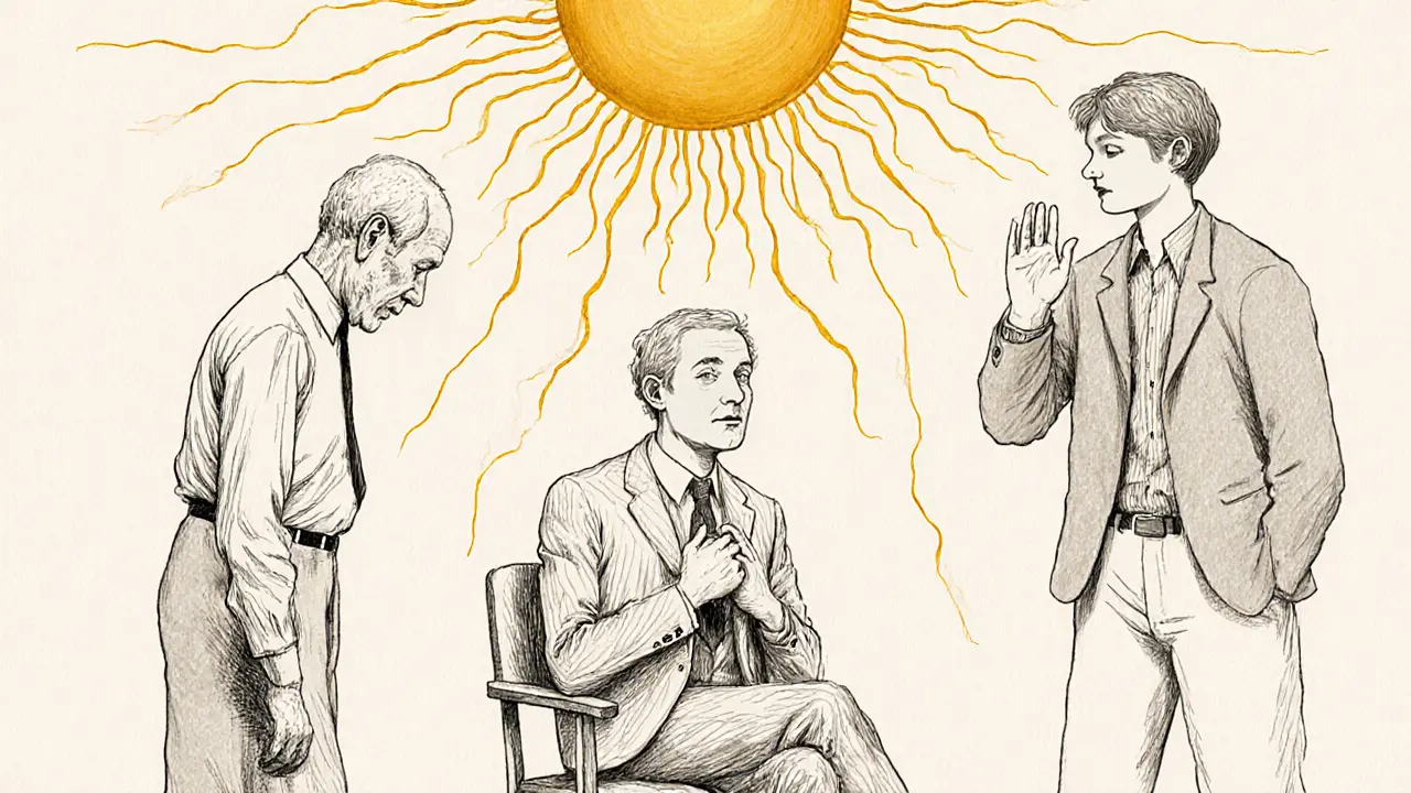 Tři lidé různých věků pomalu pohybují tělem, jejich pohyby jsou spojeny zlatými čarami, symbolizujícími klid a přítomnost.