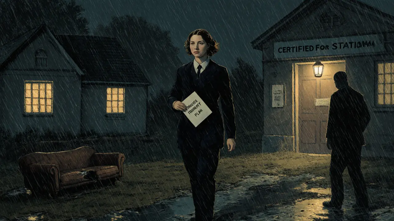 Žena jde nočním deštěm ke třem bezpečným místům, zatímco opuštěná terapeutická křeslo zůstává za ní.