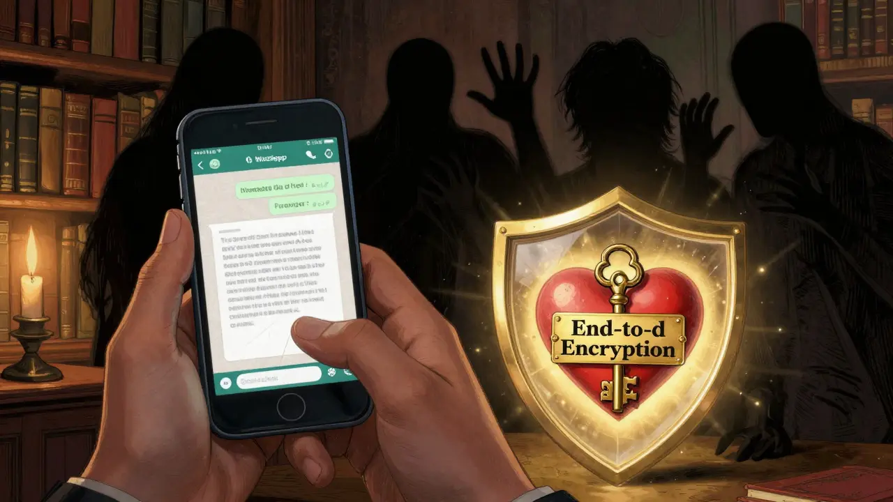 Klient drží telefon s nebezpečnou zprávou, zatímco ochranný štít zajišťuje jeho soukromí.