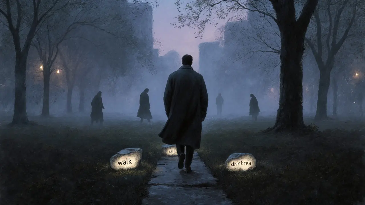 Muž kráčí v mlze parku, cesta je označena třemi zářícími kameny.