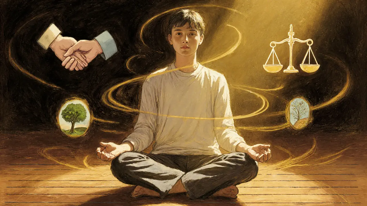 Osoba medituje v ranním světle, kolem ní se vznášejí symboly klidu a sebevědomí.