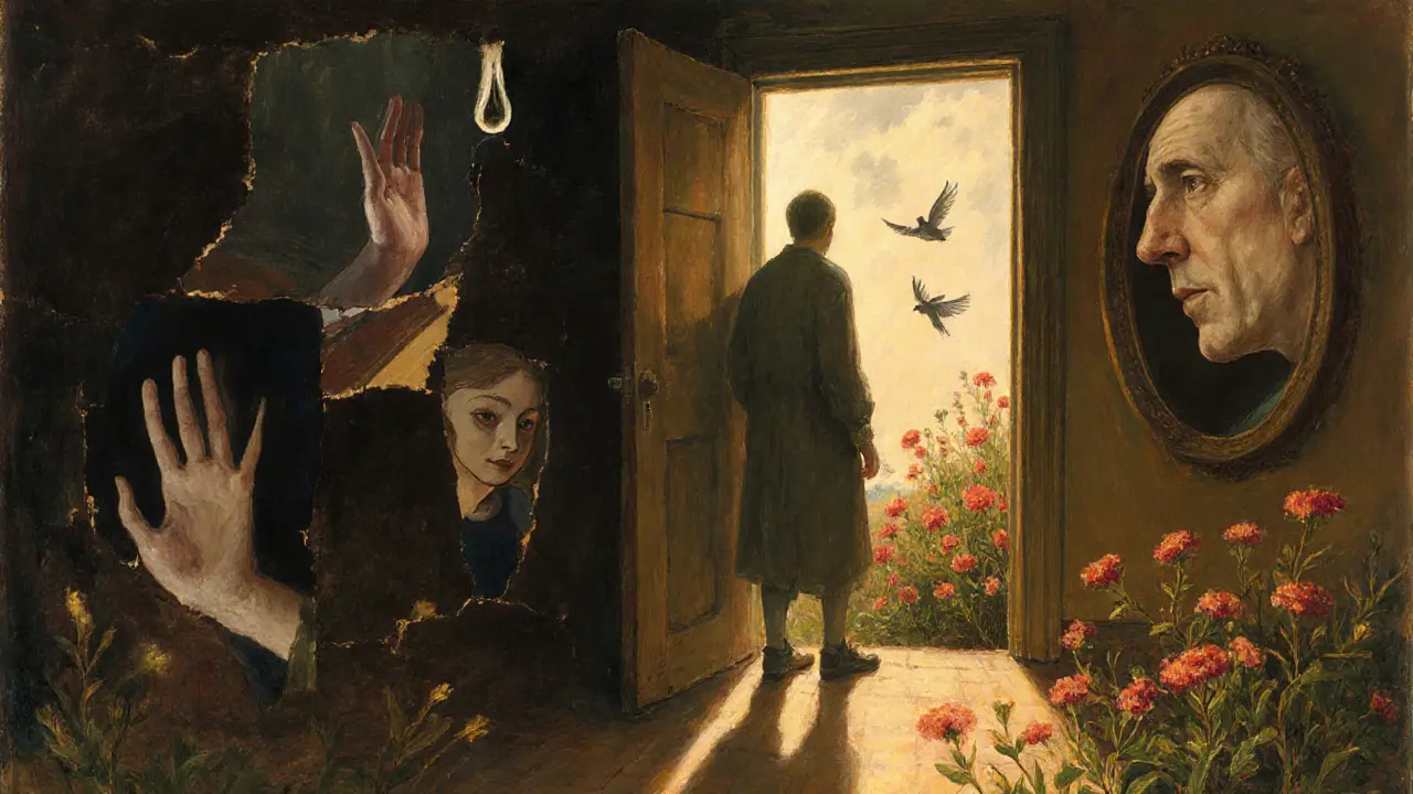 Osoba stojí na prahu dveří, jedna noha ve stínu, druhá v slunci — znak obnovy.