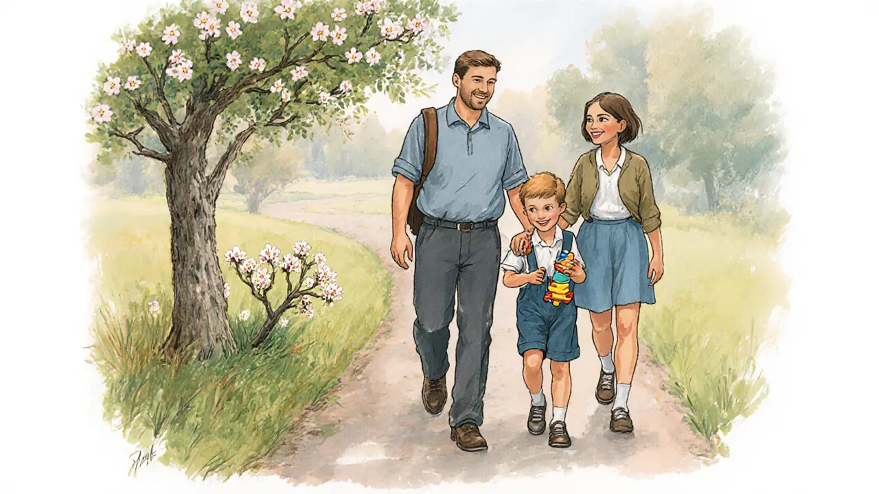 Rodina jde do školy, dítě drží známou hračku a zvědavě hledí na nový strom.